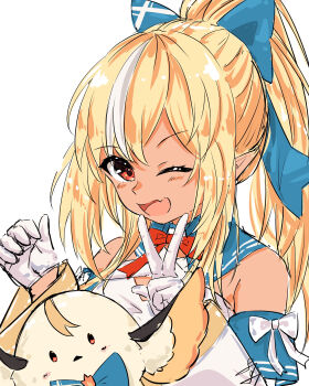 1girl absurdres blonde_hair blue_bow bow commentary_request dark-skinned_female dark_elf dark_skin detached_sleeves dress elf elfriend_(shiranui_flare) gloves hair_bow highres hololive looking_at_viewer multicolored_hair one_eye_closed orange_eyes pointy_ears ponytail shiranui_flare shiranui_flare_(1st_costume) smile solo streaked_hair u_da_desu virtual_youtuber white_background white_dress white_gloves white_sleeves white_streaks