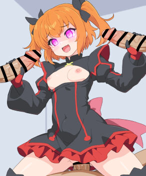 1girl 3boys :d alternate_costume alternate_eye_color back_bow bar_censor black_dress black_ribbon black_thighhighs blush bow breasts breasts_out censored clothed_female_nude_male colored_petticoat commentary corruption cowgirl_position cross-laced_clothes cross-laced_dress dark_persona double_handjob dress erection frilled_thighhighs frills furrowed_brow gangbang gloves glowing glowing_eyes group_sex hair_between_eyes hair_ribbon handjob happy_sex highres indoors kaitou_tenshi_twin_angel long_sleeves looking_at_viewer magical_girl medium_hair minazuki_haruka_(twin_angel) multiple_boys nipples nude open_mouth orange_hair penis petticoat pink_bow pink_eyes pov pov_crotch pussy red_gloves red_trim ribbon sex shirogane_hakuba short_dress short_twintails small_breasts smile spread_legs stomach_bulge straddling thighhighs thighs twin_angel twintails vaginal veins veiny_penis zettai_ryouiki