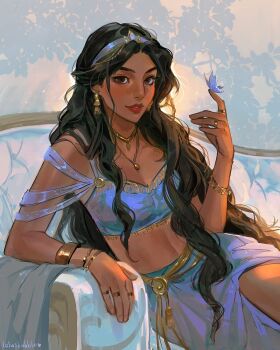 1girl aladdin_(movie) artist_name belt black_hair blue_butterfly blue_hairband blue_shirt blue_skirt bracelet breasts brown_eyes bug butterfly butterfly_on_hand cleavage commentary couch crop_top dark-skinned_female dark_skin earrings english_commentary gold gold_bangle gold_belt gold_bracelet gold_earrings gold_necklace gold_ring hair_over_shoulder hairband highres insect jasmine_(disney) jewelry long_hair looking_at_viewer lotusbubble227 medium_breasts midriff multiple_necklaces multiple_rings necklace parted_lips red_lips ring shirt sitting skirt solo upper_body wavy_hair