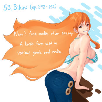 1girl 2025 ass back back-tie_bikini bikini bikini_top_only breasts brown_eyes dedris denim floating_hair green_bikini grin jeans large_breasts leaning_forward long_hair looking_at_viewer looking_back nami_(one_piece) nami_(one_piece)_(return_to_sabaody) official_alternate_costume one_piece orange_hair pants shoulder_blades sideboob smile striped_bikini striped_clothes swimsuit underboob wavy_hair