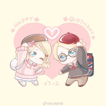 1boy 1girl :o ;3 animal_bag arm_up backpack bag beret black-framed_eyewear black_shoes blonde_hair blue_bag blue_eyes bow braid brother_and_sister brown_hat brown_pants cat_bag chibi chinese_commentary closed_mouth collared_shirt commentary_request dated dress dress_under_sweater english_text glasses grey_sweater hair_bow hair_ornament happy_birthday hat heart heart_background heart_hair_ornament kneehighs lace lace-trimmed_dress lace_trim light_blush long_sleeves looking_at_viewer medium_dress medium_hair multiple_hair_bows neck_ribbon nikki_(series) off-shoulder_sweater off_shoulder one_eye_closed open_mouth pants pink_bow pink_shoes pink_sweater red_bag red_hat red_ribbon ribbon round_eyewear shining_nikki shirt shirt_under_sweater shoes short_hair siblings single_braid smile socks standing star_(symbol) star_in_eye susan_(shining_nikki) sweater symbol_in_eye tareme twins two-tone_bag v-neck watermark weibo_watermark white_bag white_dress white_shirt white_socks william_(shining_nikki) xiaoyu_qixing yellow_background