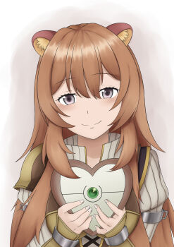 Rule 34 | 1girl, absurdres, alternate eye color, animal ear fluff, animal ears, armor, baretto (barettoarts), black dress, breastplate, brown armor, brown background, brown gloves, brown hair, closed mouth, collared dress, commentary request, dress, fingerless gloves, gift, gloves, grey eyes, hair between eyes, hands up, heart, high collar, highres, holding, holding gift, layered dress, leather armor, legendary shield (tate no yuusha no nariagari), long hair, long sleeves, looking at viewer, metal arm cuffs, metal wrist cuffs, pauldrons, pinstripe dress, pinstripe pattern, raccoon ears, raccoon girl, raphtalia, shoulder armor, single pauldron, sleeveless, sleeveless dress, smile, solo, straight-on, straight hair, tate no yuusha no nariagari, valentine, variant set, white background, white dress