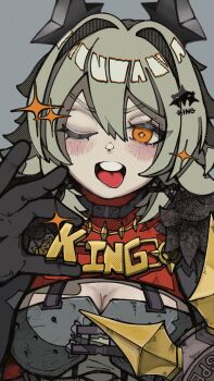 1girl black_gloves black_horns black_jacket blush breasts caesar_king_(zenless_zone_zero) cleavage commentary_request fake_horns gloves green_hair grey_background hair_between_eyes hair_ornament highres holding holding_shield horns jacket large_breasts looking_at_viewer one_eye_closed open_mouth shield shisunomiunko solo tongue weapon yellow_eyes zenless_zone_zero