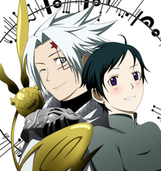 1boy 1girl 1other ahoge allen_walker black_shirt blush cloak collared_cloak collared_shirt creature creature_on_shoulder cross d.gray-man earrings facial_mark golem_(d.gray-man) green_hair green_shirt grey_eyes grey_mask grin horns jewelry lenalee_lee looking_at_viewer mandarin_collar mask musical_note musical_note_print on_shoulder one_eye_closed pixie_cut purple_eyes scar scar_across_eye scar_on_face sempronwu shirt short_hair sidelocks smile spiked_hair star_(symbol) star_facial_mark striped_background stud_earrings tail timcanpy turtleneck turtleneck_shirt unworn_mask white_background white_cloak white_hair wings