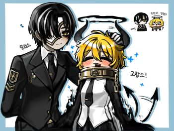 Rule 34 | 1boy, 1girl, afterimage, black jacket, black necktie, blonde hair, blue border, border, breasts, chain, collar, collared shirt, commentary request, demon girl, demon horns, demon tail, don quixote (project moon), eye mask, hair between eyes, half eye mask, halo, headpat, highres, horns, index (identity) (project moon), jacket, korean commentary, korean text, limbus company, mask, musical note, necktie, nra 3614, open mouth, procuration (e.g.o), project moon, shirt, simple background, smile, tail, tail wagging, translation request, white background, yellow eyes, yi sang (project moon)