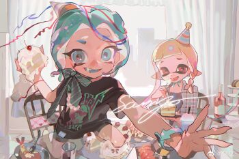 2girls absurdres acuteghost aqua_eyes aqua_hair aqua_tongue barefoot birthday_cake black_shirt black_shorts blonde_hair braid cake cake_slice chair commentary confetti fingernails food hat highres holding holding_cake holding_food indoors inkling inkling_girl inkling_player_character kneeling long_hair looking_at_viewer medium_hair multiple_girls nintendo octoling octoling_girl octoling_player_character on_table open_mouth parted_bangs party_hat red_eyes sample_watermark sharp_fingernails shirt short_sleeves shorts single_braid smile splatoon_(series) symbol-only_commentary t-shirt table tentacle_hair watermark weibo_watermark wristband