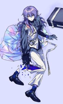 1boy arm_support belt black_gloves black_shirt black_shoes blue_hair briefcase closed_mouth collared_shirt commentary cracked_skin expressionless gloves grey_eyes hair_between_eyes highres hollow_body hoshirube_sho hoshirube_sho_(1st_costume) iridescent_clothes long_hair long_sleeves male_focus multicolored_hair mummeo_p nijisanji pants pleated_skirt purple_hair ribbon severed_limb shirt shoes sitting skirt solo streaked_hair symbol-only_commentary vest virtual_youtuber white_belt white_pants white_ribbon white_vest wing_collar