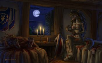 blood breasts candle claws cliff cup full_moon furry guro howling killer moon mug murder night purple_eyes shield sword table warcraft weapon werewolf wolf worgen world_of_warcraft