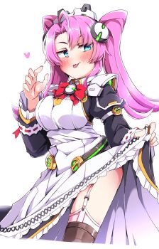 1girl apron blue_eyes breasts clothes_lift cosmic_break dress frilled_dress frills garter_straps heart highres large_breasts liseria_(cosmic_break) long_dress long_hair long_sleeves maid maid_apron naughty_face purple_hair sidelocks skirt skirt_lift smile swept_bangs thighhighs tongue tongue_out twintails yuka_danbow