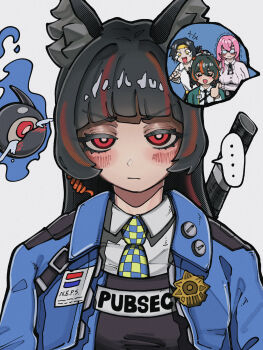 1boy animal_ear_fluff animal_ears arrow_(projectile) black_hair blue_jacket blush breasts checkered_necktie closed_mouth commentary_request cosplay fox_ears fox_girl glasses hair_between_eyes highres hoshimi_miyabi jacket katana laughing long_hair looking_at_viewer multicolored_hair multiple_girls necktie open_mouth pink_hair police police_badge police_uniform policewoman ponytail red_eyes red_hair red_streaks shirt shisunomiunko short_hair smile soukaku_(zenless_zone_zero) streaked_hair sword tailless_(zenless_zone_zero) tsukishiro_yanagi weapon white_background white_shirt yellow_eyes zenless_zone_zero zhu_yuan