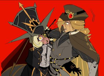 2girls black_gloves black_jacket black_shirt black_skirt black_veil blonde_hair brown_hair brown_hat buttons commentary_request cookie_run cookie_run:_ovenbreak cowboy_shot croissant_cookie croissant_cookie_(director_of_the_tbd) curly_sidelocks dark-skinned_female dark_skin double-breasted dual_persona gloves goggles goggles_on_headwear grey_hat grey_vest hat highres humanization jacket korean_commentary large_hat long_hair mechanical_arms multiple_girls official_alternate_costume official_alternate_hair_length official_alternate_hairstyle ohta_guk_hip open_clothes open_jacket open_mouth pinstripe_pattern pinstripe_shirt profile red_background ringed_eyes see-through_clothes see-through_veil shirt short_hair sideways_mouth simple_background skirt standing sweat teeth timekeeper_cookie timekeeper_cookie_(ruler_of_the_ephemeral_flow) top_hat veil vest wide_hips yellow_eyes