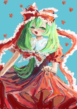 1girl absurdres blue_background blush commentary_request dress frilled_ribbon frills front_ponytail green_eyes green_hair hair_ribbon highres kagiyama_hina long_hair looking_at_viewer omaega_chan open_mouth ponytail red_dress red_ribbon ribbon simple_background smile solo touhou