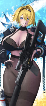 1girl absurdres black_bra black_choker black_gloves black_hairband black_jacket black_pantyhose blonde_hair blue_eyes bra breasts choker cleavage commentary convenient_censoring cuffs earrings explosive girls'_frontline girls'_frontline_2:_exilium gloves grenade gun hair_between_eyes hair_intakes hair_ornament hairband hand_on_own_hip handcuffs highres holding holding_gun holding_weapon jacket jewelry large_breasts long_sleeves looking_at_viewer mole mole_under_eye nikketa_(girls'_frontline_2) no_pants no_shirt off_shoulder pantyhose parted_lips partially_fingerless_gloves rifle rirarirakumi scope short_hair sidelocks sniper_rifle snowflake_earrings solo standing thighband_pantyhose trigger_discipline underwear vsk-94 vsk-94_(girls'_frontline) walkie-talkie weapon