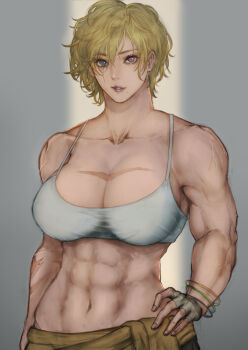 1girl 2025 abs absurdres blonde_hair blue_eyes bra breasts cleavage clothes_around_waist commission curly_hair eyebrows_hidden_by_hair female_focus fingerless_gloves gloves grey_background grey_gloves hand_on_own_hip heterochromia highres jacket jacket_around_waist large_breasts looking_at_viewer midriff mole mole_under_mouth muscular muscular_female navel oliver_(oliverclassict) original parted_lips pink_lips red_eyes scar scar_on_arm scar_on_chest short_hair simple_background skeb_commission smile solo standing taut_clothes toned toned_female underwear upper_body variant_set white_bra