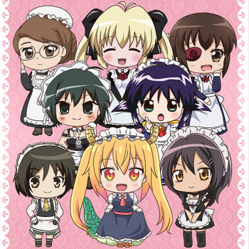 1boy 6+girls andou_mahoro apron ascot ayuzawa_misaki black_boots black_bow black_dress blonde_hair blue_dress blue_hair boots bow brown_eyes brown_hair chibi closed_eyes closed_mouth crossdressing crossdressing_(mtf) crossover dragon_girl dragon_horns dragon_tail dress emma_(victorian_romance_emma) eyepatch fang frilled_apron frills glasses gradient_hair green_eyes green_hair hair_between_eyes hair_bow hair_ornament hairclip hanpen_moufu hat horns kaichou_wa_maid-sama! kamoi_tsubame kobayashi-san_chi_no_maidragon koharu_biyori_(mizuki_takehito) komiya_chihiro kore_ga_watashi_no_goshujin-sama long_hair long_sleeves looking_at_viewer mahoromatic maid maid_apron maid_headdress male_maid mob_cap multicolored_hair multiple_girls nakabayashi_yoshitaka&#039;s_maid_uniform necktie open_mouth orange_eyes red_ascot sawatari_izumi short_hair short_sleeves shounen_maid slit_pupils smile tail tohru_(maidragon) trait_connection twintails uchi_no_maid_ga_uzasugiru! victorian_romance_emma white_apron white_bow yellow_necktie yui_(koharu_biyori)