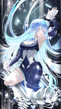1girl absurdres armpits blue_dress blue_eyes blue_hair blue_sleeves breasts brooch cleavage collared_dress commentary_request detached_sleeves dress expressionless floating_hair hair_bun heilla_mirror highres indie_virtual_youtuber jewelry korean_commentary large_breasts long_dress long_hair looking_at_viewer sanhoumi496 single_side_bun solo thighlet very_long_hair virtual_youtuber