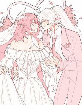 2girls bare_shoulders blush breasts cleavage coat commentary couple dress elf elysia_(herrscher_of_human:_ego)_(honkai_impact) elysia_(honkai_impact) face-to-face formal_clothes hair_ornament heart highres holding_hands honkai_(series) honkai_impact_3rd kiana_kaslana kiana_kaslana_(herrscher_of_flamescion) large_breasts long_hair multiple_girls necktie pants pink_coat pink_hair pink_necktie pink_pants pointy_ears ponytail riejiu shirt simple_background smile suit symbol-only_commentary very_long_hair wedding_dress white_background white_dress white_hair white_shirt wife_and_wife yuri