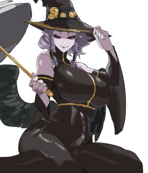1girl absurdres agrat_bat_mahlat_(megami_tensei) black_hat black_wings bone braid breasts colored_sclera colored_skin demon_(megami_tensei) detached_sleeves dress eyelashes gialu_(xrta2222) grey_hair hand_on_headwear hat highres holding holding_umbrella large_breasts long_dress looking_at_viewer red_eyes shin_megami_tensei shin_megami_tensei_v shin_megami_tensei_v:_vengeance short_hair solo thick_thighs thighs umbrella white_background white_skin wide_sleeves wings witch_hat
