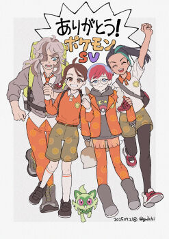 1boy 3girls ahoge arven_(pokemon) belt boots braid brown_belt brown_eyes brown_hair brown_shorts closed_eyes collared_shirt commentary_request gloves green_eyes grin guilty_(deathqueen) hair_over_one_eye highres juliana_(pokemon) knees long_sleeves looking_down multiple_girls necktie nemona_(pokemon) nintendo open_mouth orange_necktie orange_pants pants penny_(pokemon) pokemon pokemon_(creature) pokemon_sv ponytail shirt shoes shorts smile socks sprigatito standing teeth translation_request white_socks