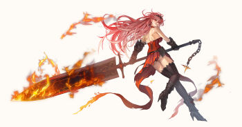1girl armored_boots ass asymmetrical_gloves backless_dress backless_outfit bandaged_arm bandages bare_back bare_shoulders black_gloves black_panties black_thighhighs boots breasts chain choker commentary dpin_(user_adhr8855) dress earrings english_commentary fire flaming_sword flaming_weapon full_body gauntlets gloves grin hair_between_eyes high_heel_boots high_heels highres holding holding_sword holding_weapon jewelry knee_boots large_breasts long_hair looking_at_viewer orange_eyes original panties pantyshot pink_hair red_choker red_dress simple_background smile solo strapless strapless_dress sword thighhighs tiara underwear uneven_gloves very_long_hair weapon white_background