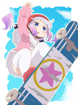 1girl arm_up beads blue_eyes blush border child cloud cloudy_sky dated dress from_below gradient_hair hair_beads hair_ornament helmet highres kanna_kamui kobayashi-san_chi_no_maidragon long_sleeves multicolored_hair open_mouth outdoors outline pink_dress puffy_sleeves purple_hair red_footwear red_helmet samansa_ex skateboard skateboarding sky solo thighhighs white_border white_hair white_outline white_thighhighs