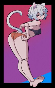 1girl :3 amazu_(kurozu) animal_ears ass bare_legs barefoot black_border black_sports_bra blush border breasts cat_ears cat_girl cat_tail closed_mouth commentary curly_hair dated_commentary doll_joints eyelashes fang fang_out feet fingernails from_behind from_side genderswap genderswap_(otf) gradient_background grey_hair hair_between_eyes highres hunter_x_hunter joints large_breasts leaning_forward looking_at_viewer looking_back neferpitou orange_panties panties pink_background purple_background red_eyes sharp_fingernails short_hair simple_background smile solo sports_bra standing tail toes underwear