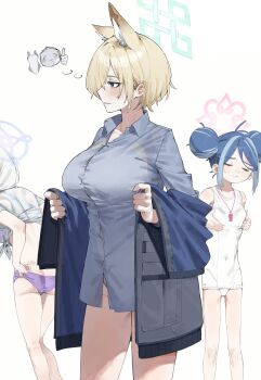 Rule 34 | 3girls, absurdres, adjusting clothes, alternate hair length, alternate hairstyle, animal ear fluff, animal ears, bikini, blonde hair, blue archive, blue eyes, blue hair, blue jacket, breast envy, breasts, closed mouth, commentary, covered navel, dog ears, dog girl, doodle sensei (blue archive), double bun, english commentary, fubuki (blue archive), fubuki (swimsuit) (blue archive), grabbing own breast, grey shirt, hair bun, halo, highres, jacket, kanna (blue archive), kanna (swimsuit) (blue archive), kirino (blue archive), kirino (swimsuit) (blue archive), large breasts, lonklink, looking afar, multicolored hair, multiple girls, no pants, official alternate costume, one-piece swimsuit, open clothes, open jacket, paid reward available, pink halo, purple bikini, purple halo, sensei (blue archive), shirt, short hair, small breasts, standing, streaked hair, swimsuit, swimsuit under clothes, thighs, tied shirt, undressing, whistle, whistle around neck, white hair, white one-piece swimsuit, white shirt