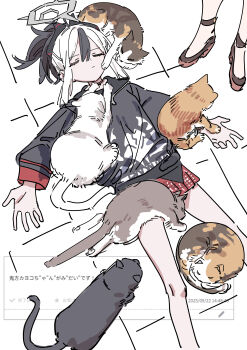 1girl absurdres animal black_cat black_hair black_hoodie black_horns blue_archive calico_(pattern) calico_cat cat closed_eyes demon_horns hair_between_eyes halo haruyuki_(gffewuoutgblubh) highres hood hoodie horns kayoko_(blue_archive) long_hair long_sleeves looking_at_viewer lying multicolored_hair odaibako on_ground ponytail red_eyes request_inset screenshot_inset simple_background solo two-tone_hair white_cat white_hair wings