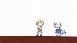 ! 2girls :3 animated audible_music audible_speech blonde_hair bone chibi clapping crossed_arms english_audio fins fish_tail full_body gawr_gura grin hair_ornament high_five hololive hololive_english jumping multiple_girls o_o respawn shark_tail short_hair simple_background smile sound standing tail tail_wagging takeru_(hashiru11275) talking video virtual_youtuber watson_amelia white_background white_hair