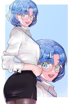1girl absurdres alternate_costume arion_canvas ass bishoujo_senshi_sailor_moon blue_eyes blue_hair collared_shirt dress_shirt earrings glasses highres jewelry lips miniskirt mizuno_ami pantyhose shirt short_hair skirt smile solo stud_earrings white_shirt zoom_layer
