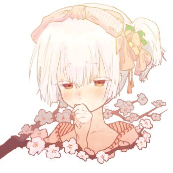 1girl blush branch covering_own_mouth flower hair_flower hair_ornament highres kararaka_(1521133285736210432) one_side_up orange_eyes short_hair shy solo upper_body white_hair wo_ai_maiden_(vocaloid)