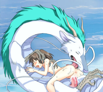 00s 1girl alternate_form animal_ears anus aqua_hair ass bestiality blush brown_hair censored claws closed_eyes cloud completely_nude cum dragon fangs flat_chest fur haku_(sen_to_chihiro_no_kamikakushi) horns interspecies large_penis licking loli long_neck mosaic_censoring multicolored_hair nude ogino_chihiro open_mouth outdoors penis pussy saliva sen_to_chihiro_no_kamikakushi sex short_hair size_difference sky souko_souji studio_ghibli sweat tongue vaginal