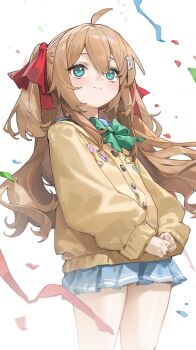 1girl absurdres ahoge badosan21 blue_eyes blue_skirt bow bowtie cardigan closed_mouth commentary confetti cowboy_shot from_side green_bow green_bowtie hair_between_eyes hair_ornament hair_ribbon heart heart_hair_ornament highres long_hair long_sleeves miniskirt neuro-sama pleated_skirt red_ribbon ribbon simple_background skirt solo symbol-only_commentary two_side_up vedal_ai virtual_youtuber white_background yellow_cardigan