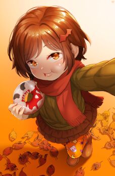 1girl animal_hair_ornament animal_print autumn autumn_leaves bat_hair_ornament blush born-to-die brown_eyes brown_hair brown_shoes brown_skirt donut fang food ghost_print gradient_background green_sweater hair_ornament halloween highres holding holding_donut holding_food jack-o'-lantern_print jelly_donut_(food) leaf long_sleeves looking_at_viewer moon_print orange_background orange_pantyhose original pantyhose print_pantyhose pumpkin_print red_scarf scarf shoes short_hair skirt smile spider_print standing star_(symbol) star_print sweater