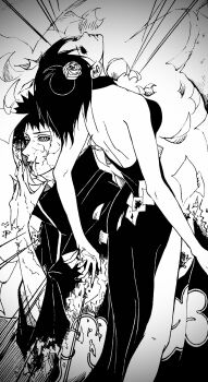 1boy 1girl akatsuki_(naruto) breasts closed_eyes dress face_piercing flower hair_bun hair_flower hair_ornament highres konan_(naruto) labret_piercing makeup mask monochrome myonghiii_yy naruto_(series) naruto_shippuuden paper rinnegan short_hair uchiha_obito