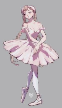 1girl ballerina ballet ballet_dress ballet_slippers bare_shoulders blush bomhat breasts collarbone commentary crossed_arms dancing dress full_body highres off-shoulder_leotard off_shoulder open_mouth original pantyhose pink_dress red_eyes red_hair simple_background small_breasts solo symbol-only_commentary teeth twintails white_pantyhose
