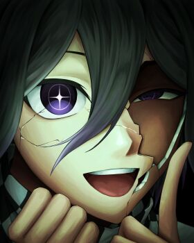+_+ 1boy :d absurdres black_hair broken_mask checkered_clothes checkered_scarf close-up commentary_request cracked_kawaii_mask cracked_mask danganronpa_(series) danganronpa_v3:_killing_harmony hair_between_eyes half-closed_eye highres index_finger_raised isekai_nindesu looking_at_viewer male_focus mask multicolored_hair oma_kokichi open_mouth portrait purple_hair scarf short_hair smile solo teeth two-tone_hair upper_teeth_only