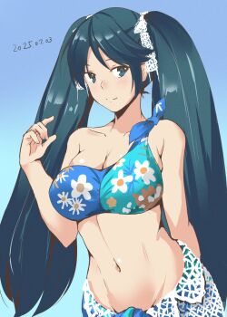 1girl asymmetrical_bikini bikini blue_background blue_bikini blue_eyes blue_hair blue_sarong blush breasts collarbone commentary dated floral_print gradient_background hair_ribbon highres isuzu_(kancolle) isuzu_kai_ni_(kancolle) isuzu_kai_ni_(swimsuit)_(kancolle) kantai_collection lace_ribbon large_breasts long_hair looking_at_viewer navel ribbon sarong single-shoulder_bikini smile solo swimsuit taira_yuuki twintails