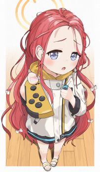 1girl bare_legs blue_archive blush border bow commentary_request controller fingernails forehead from_above full_body furrowed_brow game_controller hair_bow halo hand_up highres holding holding_controller holding_game_controller jacket joy-con long_hair long_sleeves looking_at_viewer multicolored_jacket open_mouth outside_border power_symbol purple_eyes red_hair sandals shadow slides solo standing ukiyokatamari very_long_hair white_background white_border white_bow white_jacket white_sandals wooden_floor yellow_halo yellow_jacket yuzu_(blue_archive)