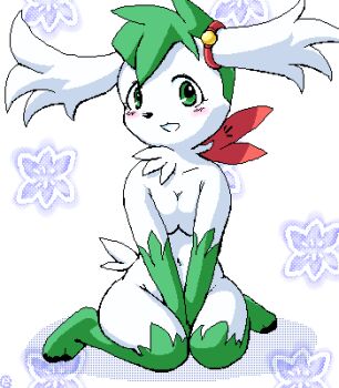 1girl animal animal_ears animal_hands barefoot blush breasts claws collarbone covering_crotch covering_privates floral_background flower furry g-sun gen_4_pokemon green_eyes green_fur green_hair grin hair_ornament legendary_pokemon looking_at_viewer medium_breasts mythical_pokemon navel nintendo nude pokemon pokemon_(creature) red_flower shaymin shaymin_(sky) short_hair sitting smile tail teeth white_background white_fur