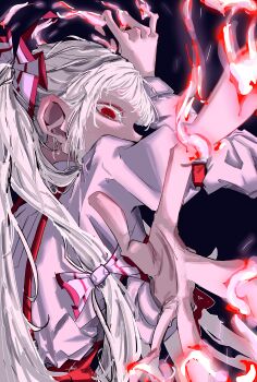 1girl absurdres black_background bow buunana collared_shirt colored_eyelashes commentary covered_mouth embers english_commentary fire fujiwara_no_mokou hair_bow highres long_hair looking_at_viewer multiple_hair_bows pants pyrokinesis red_eyes red_pants shirt sleeve_bow sleeve_cuffs solo suspenders touhou very_long_hair watermark white_hair white_shirt