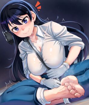 1girl absurdres arato_nagi barefoot between_breasts black_hair blue_eyes blue_skirt blush breasts choppy_bangs cleavage closed_mouth collarbone collared_shirt commentary denim dilan_griz dutch_angle earrings feet gloves hair_between_eyes highres holding holding_pickaxe indian_style jeans jewelry large_breasts long_hair looking_at_viewer nose notice_lines pants pickaxe ruri_no_houseki shirt simple_background sitting skirt sleeves_pushed_up smile solo steaming_body stud_earrings sweat toes white_gloves white_shirt