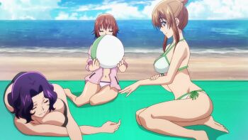 3girls animated anime_screenshot ball bare_shoulders beach beachball bikini black_bikini breasts brown_eyes brown_hair cleavage closed_eyes feet grand_blue hamaoka_azusa highres jacket kotegawa_chisa kotegawa_nanaka long_hair lying medium_hair multiple_girls ocean open_clothes open_jacket pink_jacket sand short_hair siblings sideboob sidelocks sisters smile sound strapless strapless_bikini swimsuit tagme thighs video water white_bikini