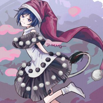 Rule 34 | 1girl, arms behind back, black capelet, black dress, blue eyes, blue hair, capelet, commentary request, doremy sweet, dress, hat, leg up, looking at viewer, nightcap, pom pom (clothes), red hat, short hair, smile, solo, tail, tapir tail, touhou, two-tone dress, white dress, yatsushiki shigi