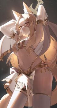 1girl :3 alternate_costume animal_ear_fluff animal_ears arabian_clothes armpits arms_up belly_dancer blonde_hair blue_archive breasts bright_pupils closed_mouth cross_halo detached_sleeves ear_wreath extra_ears face_veil forehead fox_ears fox_girl fox_tail from_below from_side gold gold_trim halo harem_outfit hashtag-only_commentary highres jewelry loli long_hair looking_at_viewer mahou_gnome midriff mouth_veil navel official_alternate_costume pelvic_curtain revealing_clothes see-through_clothes see-through_sleeves seia_(blue_archive) sidelocks small_breasts smile solo split_mouth standing star_(sky) starry_sky_background stomach tail thighhighs thighs veil very_long_hair white_pupils white_thighhighs yellow_eyes yellow_halo zettai_ryouiki