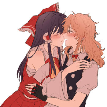 2girls ascot black_gloves blonde_hair blush bow braid brown_hair chinese_commentary commentary_request detached_sleeves fingerless_gloves frilled_bow frilled_hair_tubes frills gloves hair_bow hair_tubes hakurei_reimu hitte5416 hug imminent_kiss kirisame_marisa long_hair multiple_girls no_headwear open_mouth puffy_short_sleeves puffy_sleeves red_bow red_skirt ribbon-trimmed_sleeves ribbon_trim short_sleeves side_braid simple_background single_braid skirt skirt_set smile touhou white_background yellow_ascot yellow_eyes yuri