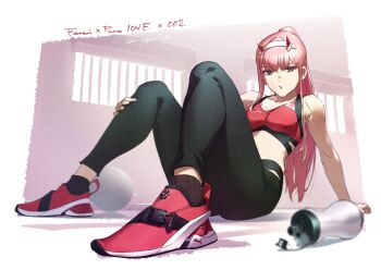 1girl alternate_costume arm_support ball black_pants bottle breasts collarbone darling_in_the_franxx everysketch002 full_body green_eyes hairband high_ponytail highres horns leaning_back long_hair looking_at_viewer medium_breasts midriff pants parted_lips pink_hair ponytail puma_(brand) red_horns red_shoes red_sports_bra shoes sidelocks sitting solo sports_bra very_long_hair water_bottle white_hairband yoga_pants zero_two_(darling_in_the_franxx)