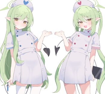 2girls :d :o absurdres black_tail blue_archive brown_eyes cowboy_shot demon_girl demon_tail dress green_hair green_halo halo hat highres hikari_(blue_archive) holding holding_syringe long_hair looking_at_viewer multiple_girls nozomi_(blue_archive) nui_(nuinui0300) nurse nurse_cap open_mouth pointy_ears short_sleeves siblings simple_background sisters smile syringe tail thighhighs translation_request twins twintails very_long_hair white_background white_dress white_thighhighs