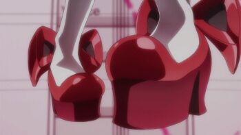 10s 1girl animated animated_gif bodysuit breasts cleavage female_focus finger_gun large_breasts long_hair one_eye_closed platform_footwear purple_eyes senki_zesshou_symphogear smile solo thighhighs transformation twintails white_hair wink yukine_chris