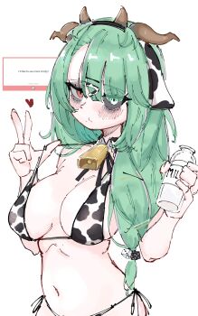 1girl absurdres animal_ears animal_print bell bikini bottle breasts cleavage colored_sclera cow_ears cow_girl cow_horns cow_print cow_print_bikini cowbell crelly froq_art green_hair grey_eyes grey_sclera heterochromia highres horns indie_virtual_youtuber medium_breasts milk_bottle print_bikini red_eyes swimsuit v white_background
